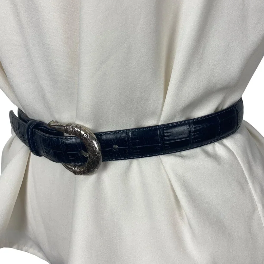 Brighton Croc Embossed Blue Leather Belt Womens 28 Silver Tone Western Buckle